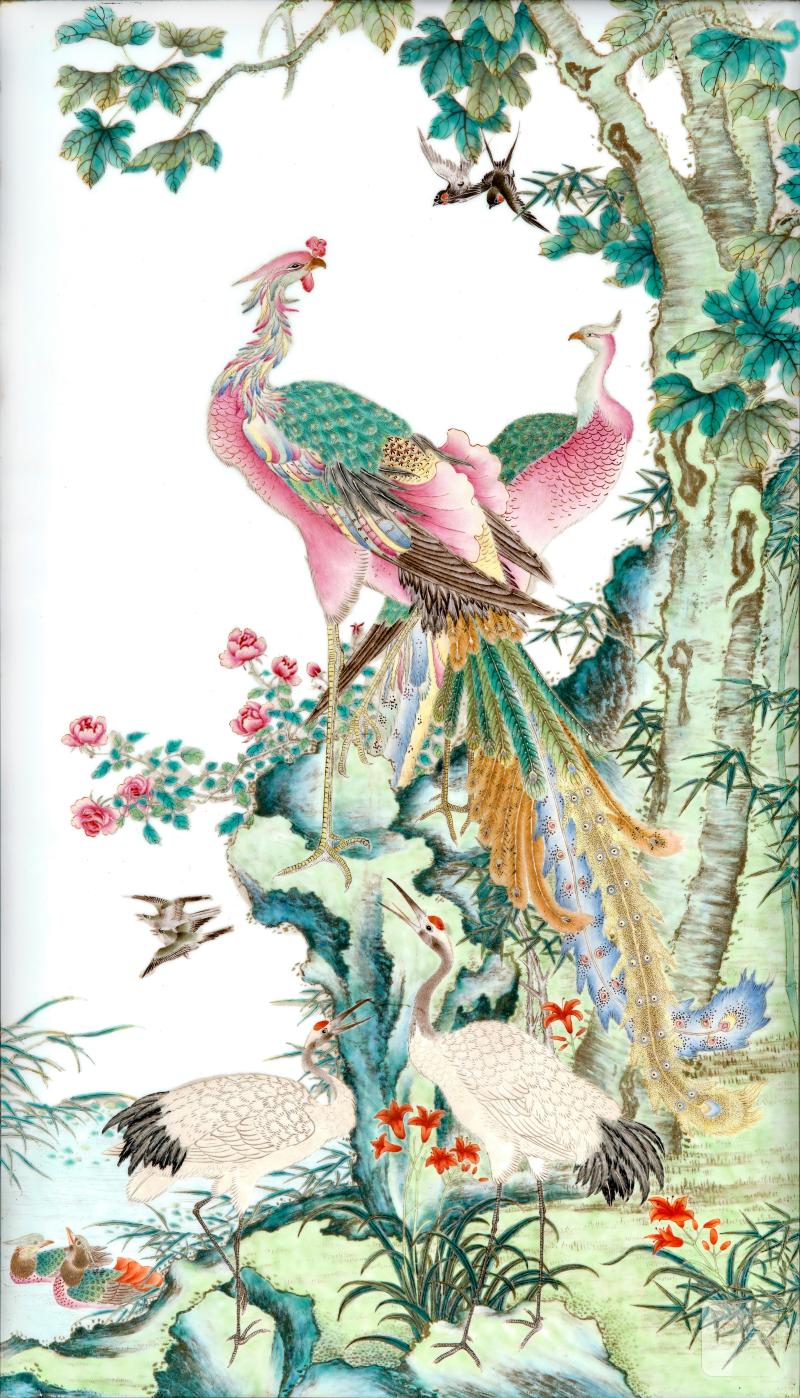 A famille-rose 'phoenix' plaque, Qing dynasty, 19th century | 清十九世紀 粉彩棲鳳圖瓷板